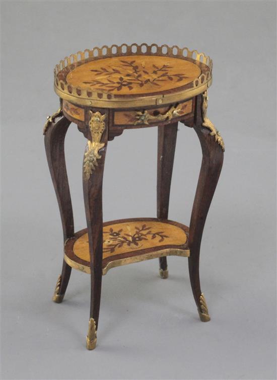 Denis Hillman. A Louis XV style marquetry inlaid miniature two tier etagere, height 2.5in.